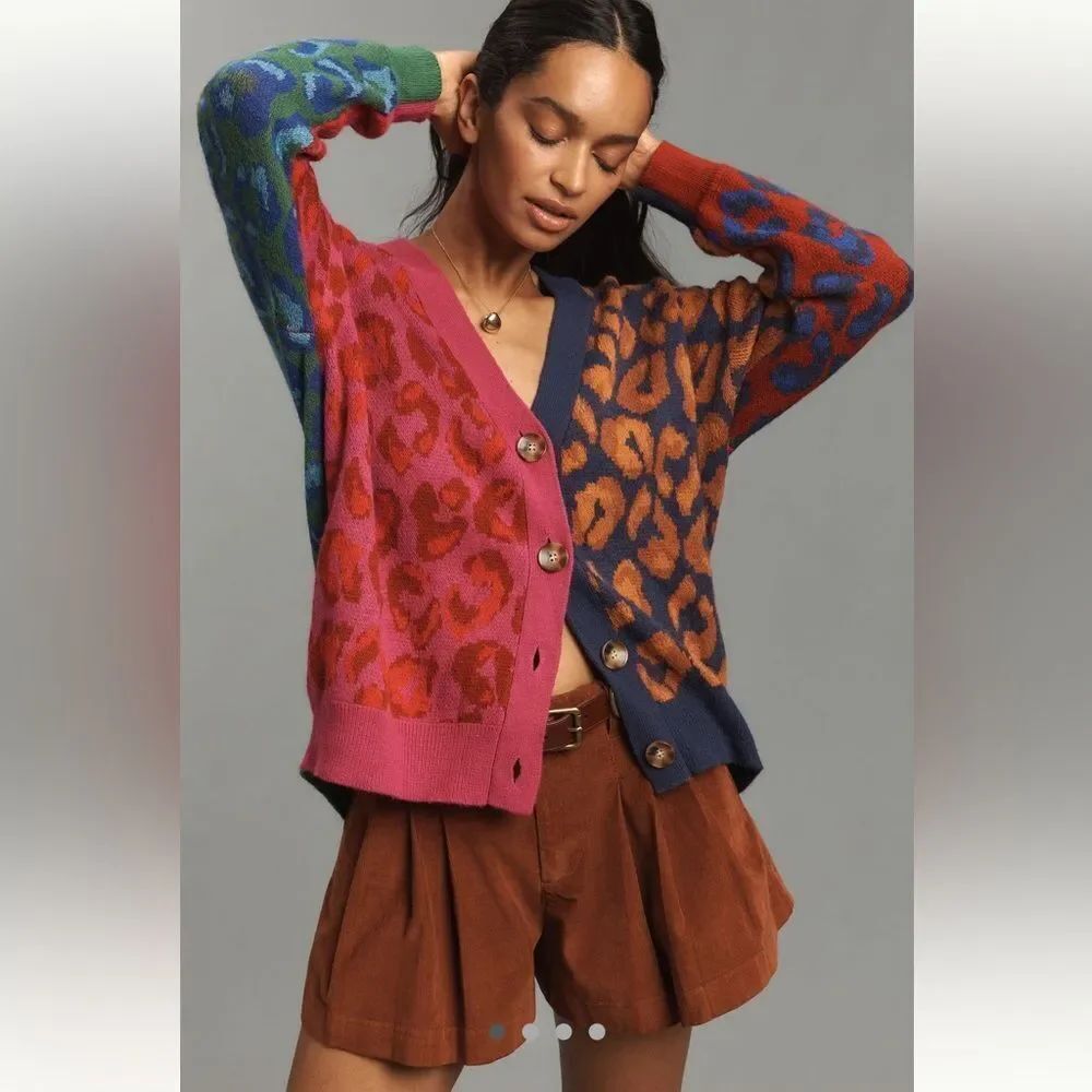 Anthropologie x Farm Rio Mixed Ikat Leopard Buttoned Knit Cardigan!